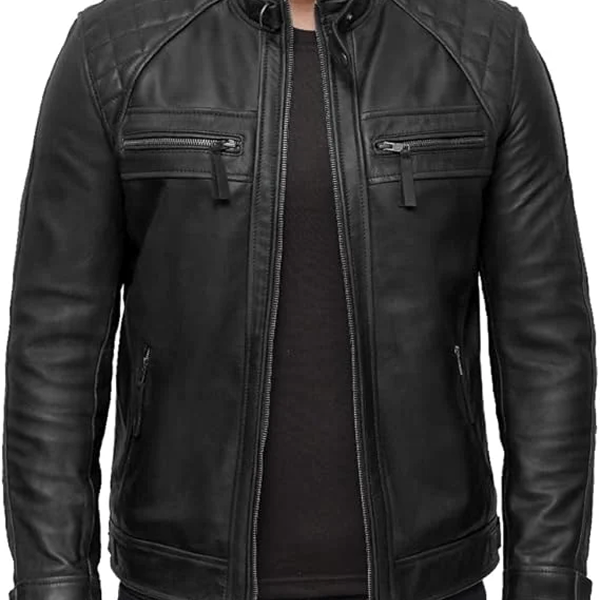 Men’s Quilted Shoulder Lambskin Black Biker Leather Jacket