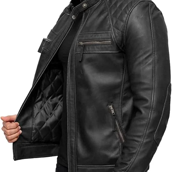Men’s Quilted Shoulder Lambskin Black Biker Leather Jacket
