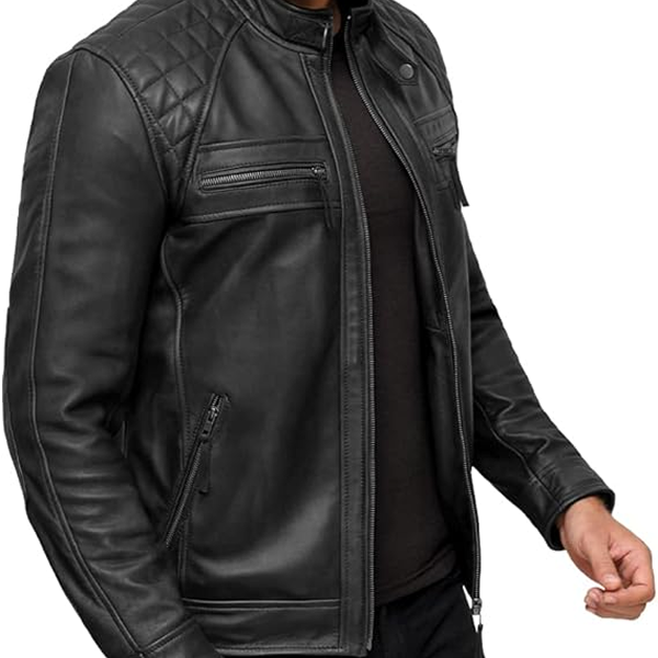 Men’s Quilted Shoulder Lambskin Black Biker Leather Jacket