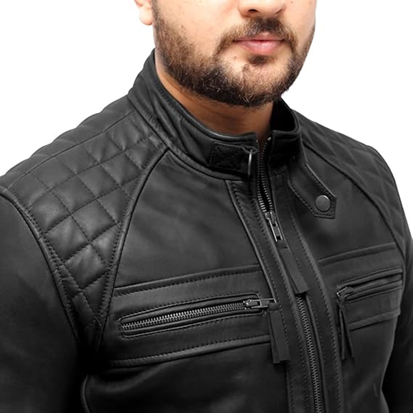 Men’s Quilted Shoulder Lambskin Black Biker Leather Jacket