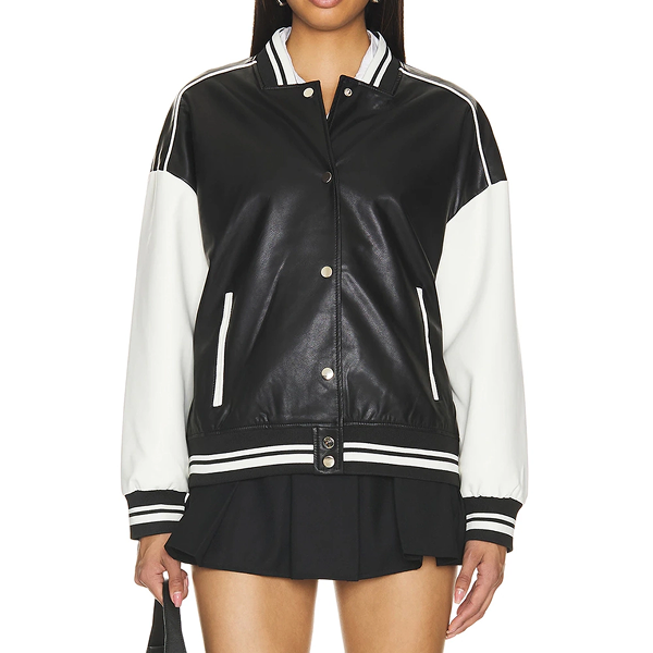 Black and White Varsity Bomber Leather Jacket Women’s