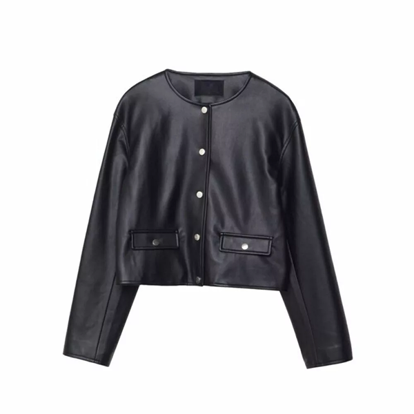 Women Black Laybin Collarless Crop Leather Jacket