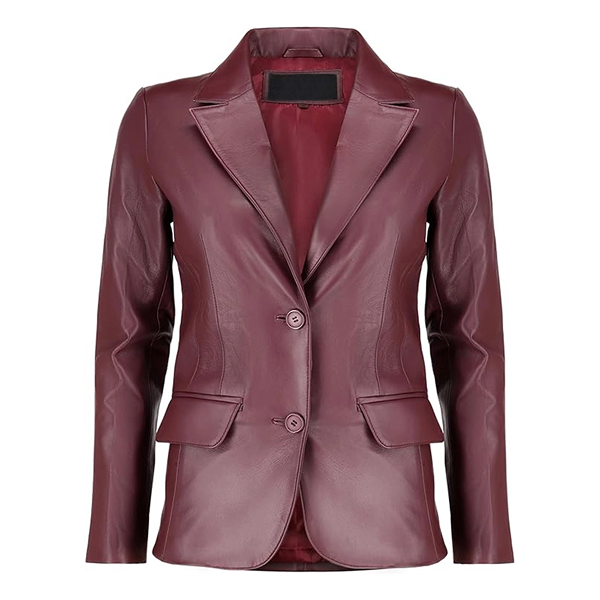 Women’s Maroon Two Button Leather Blazer