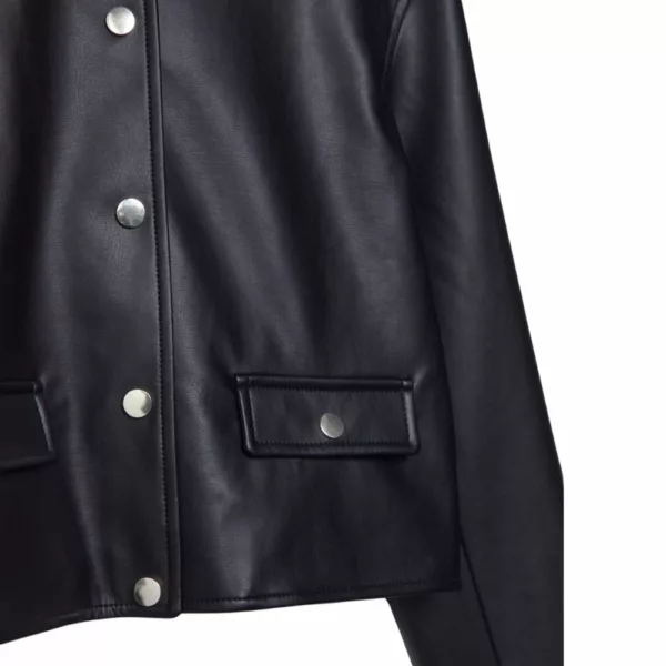 Women Black Laybin Collarless Crop Leather Jacket