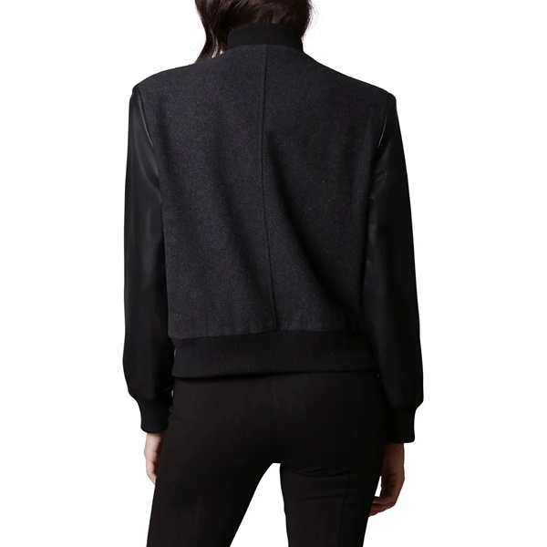 Women’s Black Letterman Varsity Jacket With Leather Sleeves