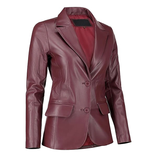 Women’s Maroon Two Button Leather Blazer