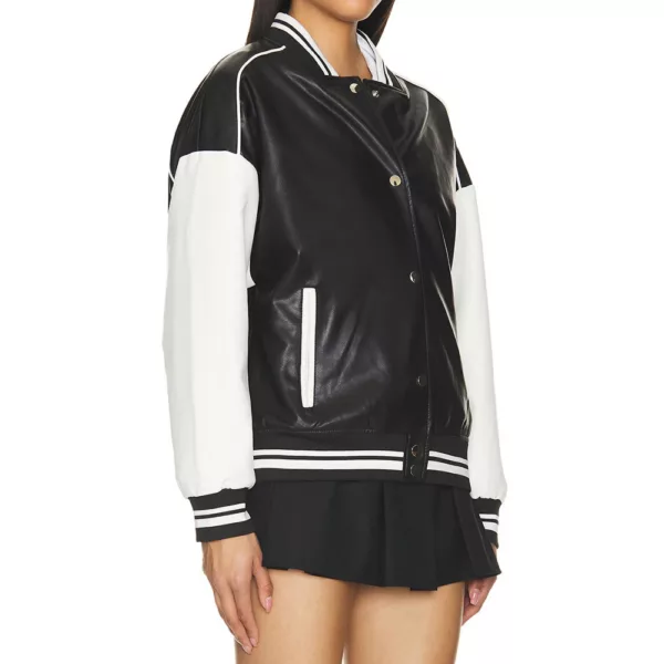 Black and White Varsity Bomber Leather Jacket Women’s