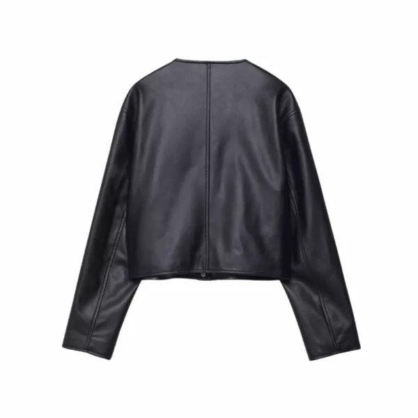 Women Black Laybin Collarless Crop Leather Jacket