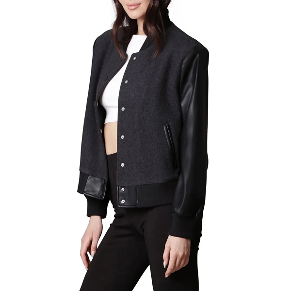 Women’s Black Letterman Varsity Jacket With Leather Sleeves