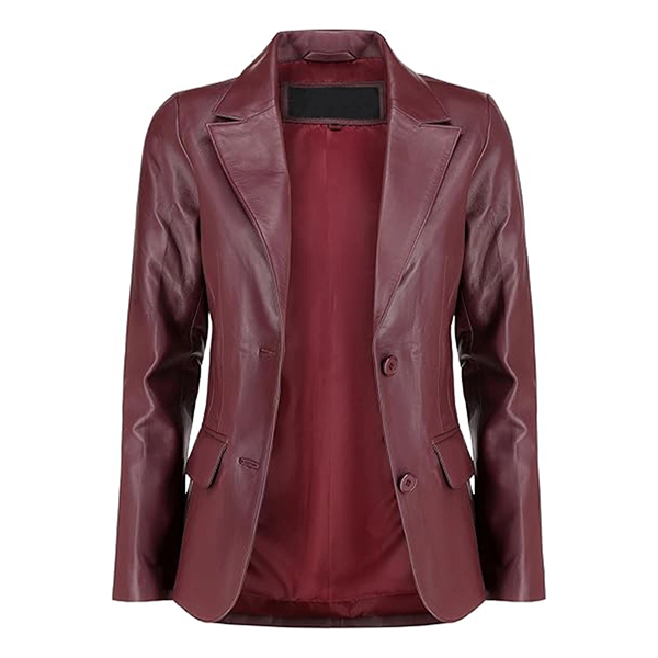 Women’s Maroon Two Button Leather Blazer