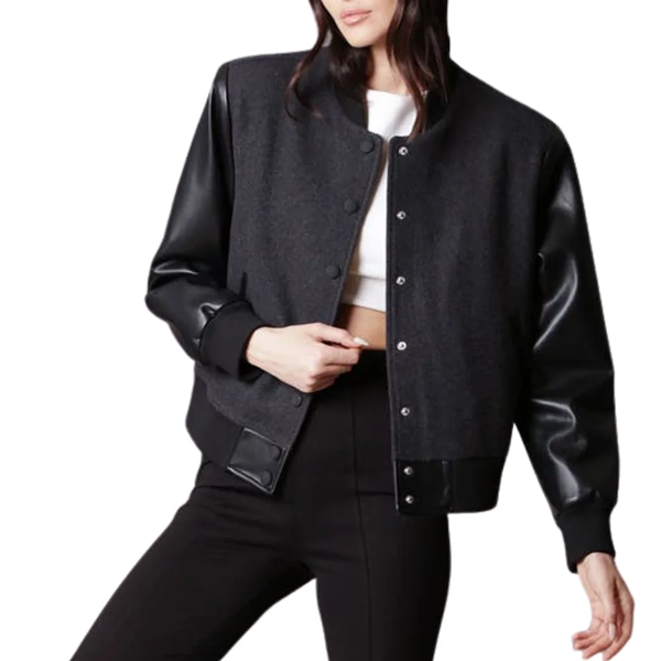 Women’s Black Letterman Varsity Jacket With Leather Sleeves