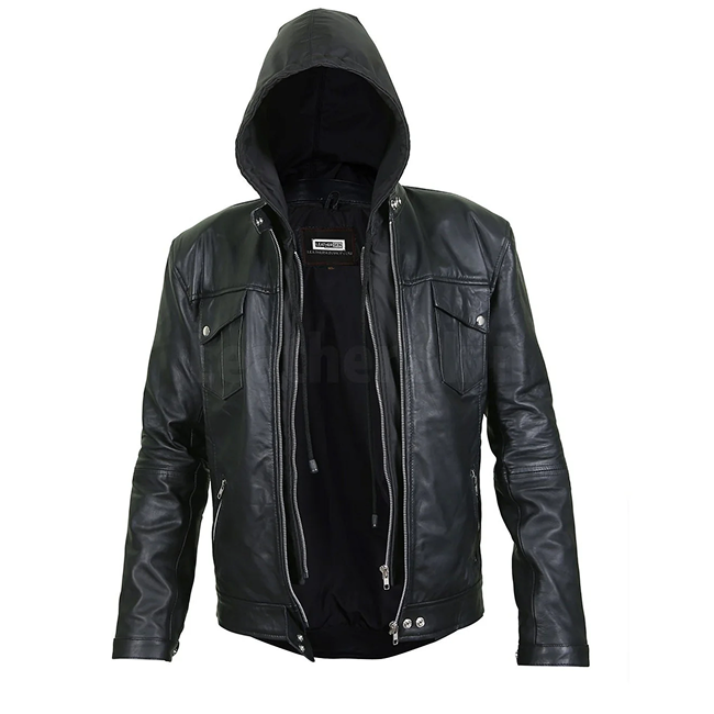 MEN’S BLACK LEAT JACKET WITH HOODIE