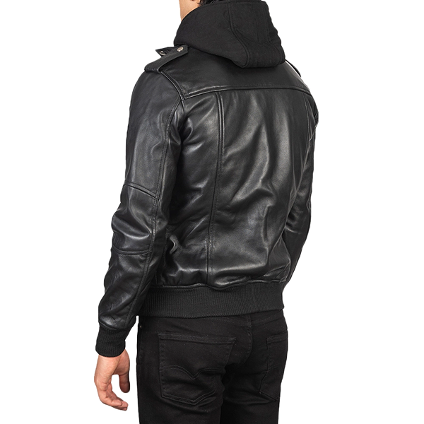 Men’s Black Real Leather Jacket with Detachable Hood