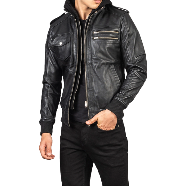 Men’s Black Real Leather Jacket with Detachable Hood
