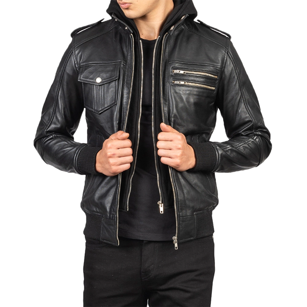 Men’s Black Real Leather Jacket with Detachable Hood