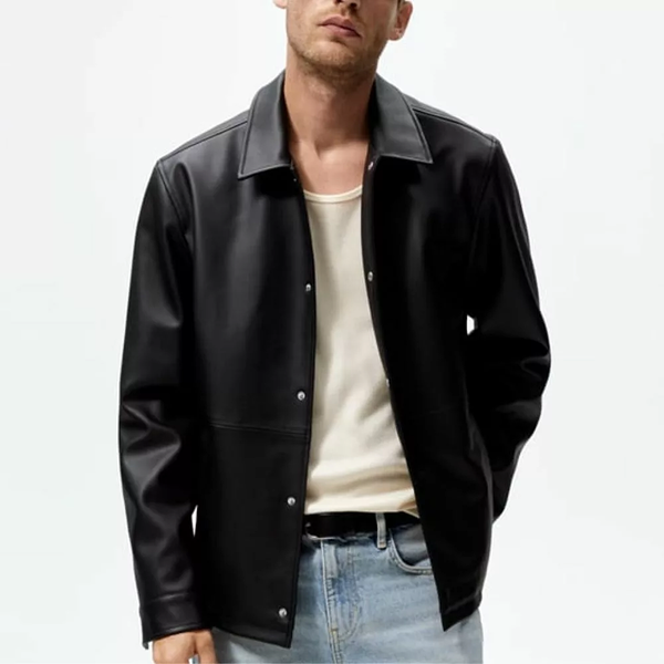 Men’s Black Shirt Collar Leather Jacket