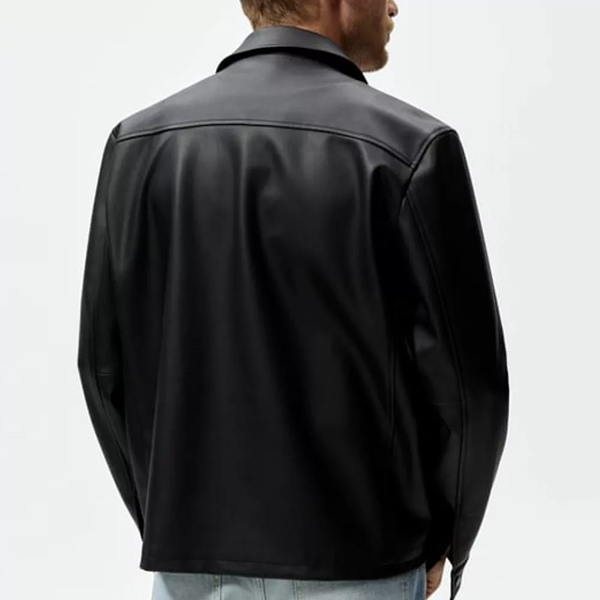 Men’s Black Shirt Collar Leather Jacket