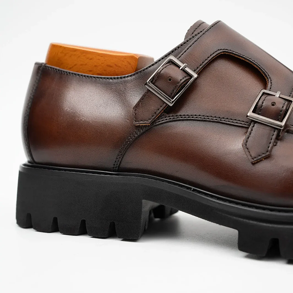 Brown Double Monk Strap Leather Shoes