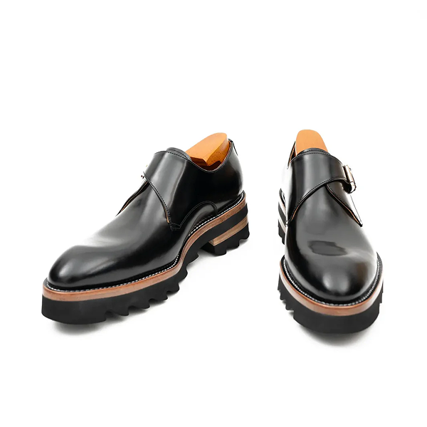 Black Leather Monk Strap Shoes with Chunky Soles