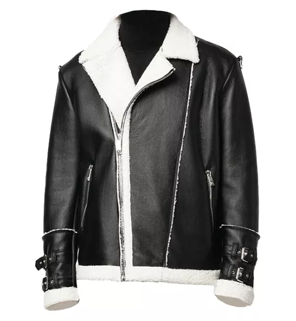 Men Black Shearling Faux Leather Jacket