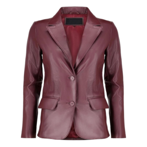 women’s maroon two button leather blazer