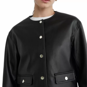 women black laybin collarless crop leather jacket
