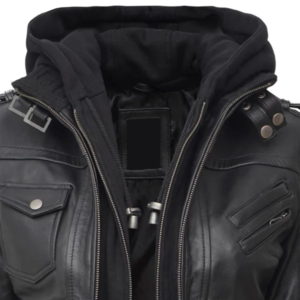 women hooded black leather bomber jacket