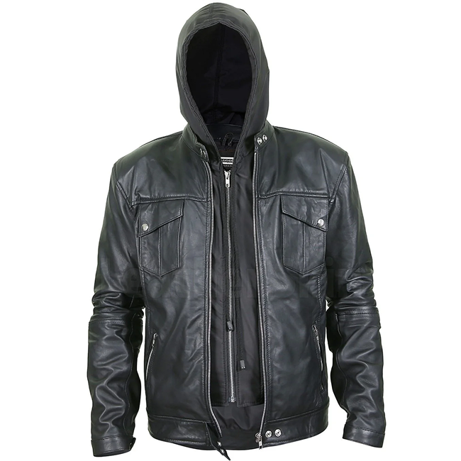 men’s black leat jacket with hoodie men’s black leat jacket with hoodie