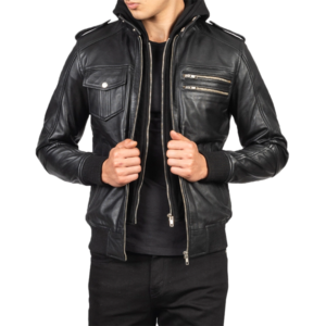 men’s black real leather jacket with detachable hood