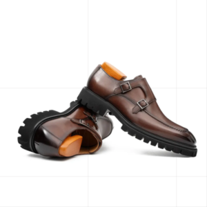 brown double monk strap leather shoes